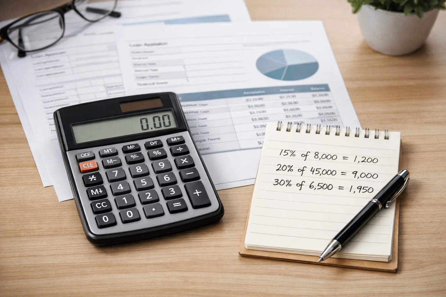 Kalkulačka a dokumenty s půjčkou na stole, vedle pero a poznámky s procenty RPSN