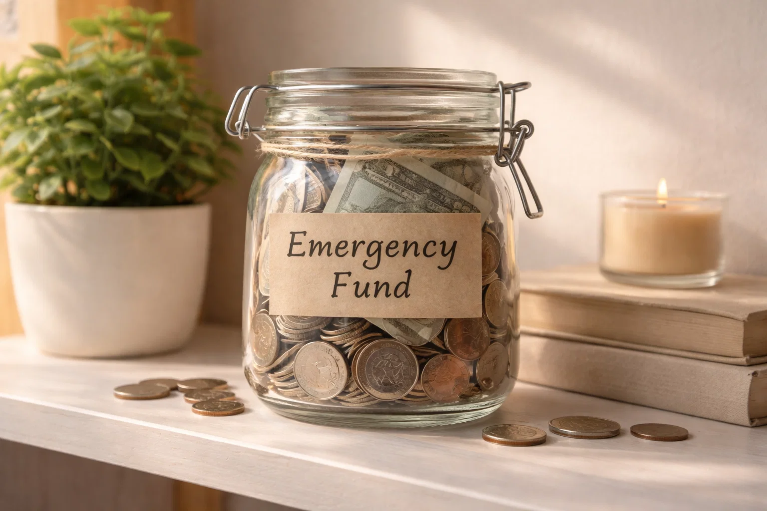 Skleněná pokladnička s mincemi a bankovkami, vedle nápis nouzový fond