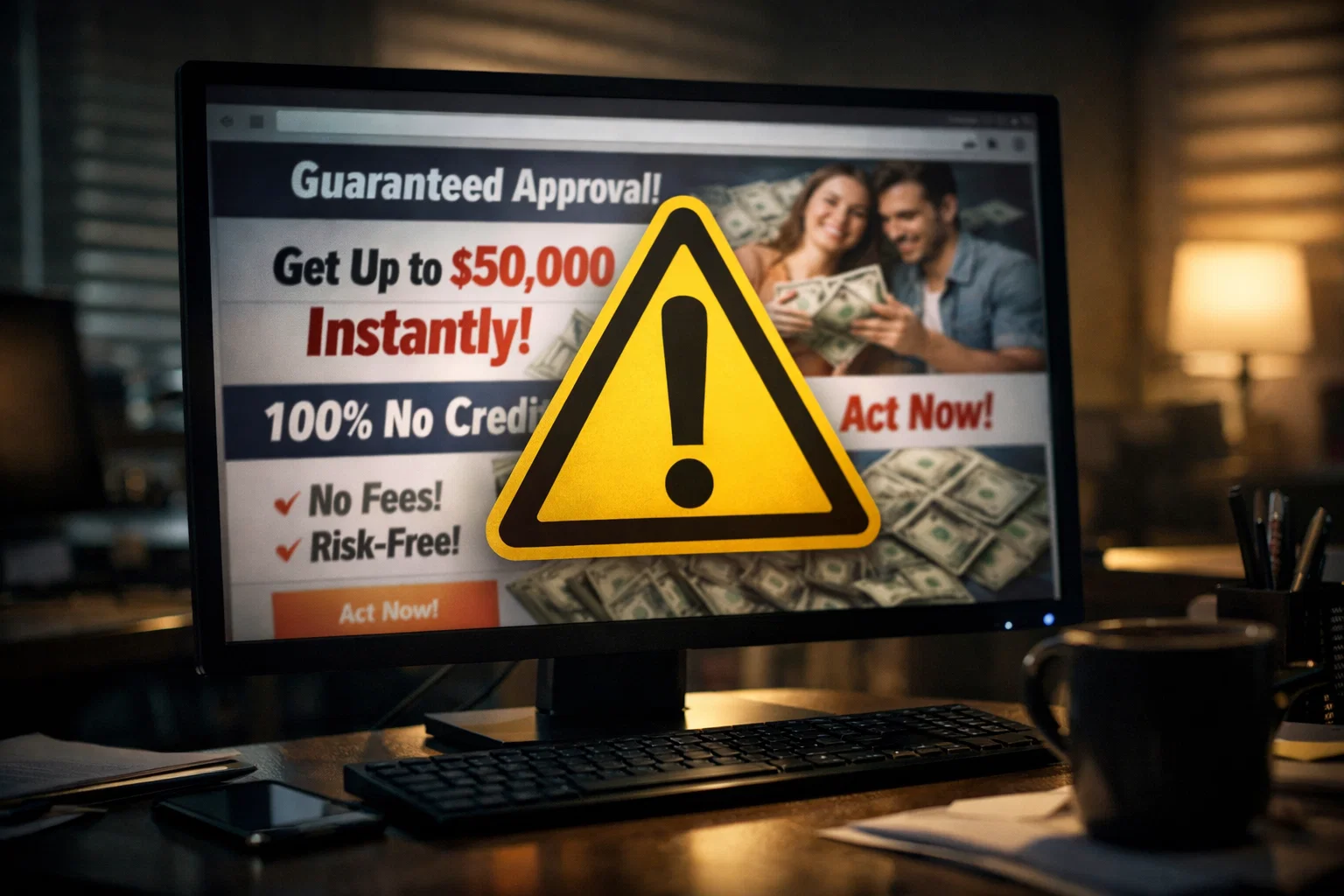 Varovný trojúhelník nad podezřelou nabídkou půjčky na obrazovce počítače