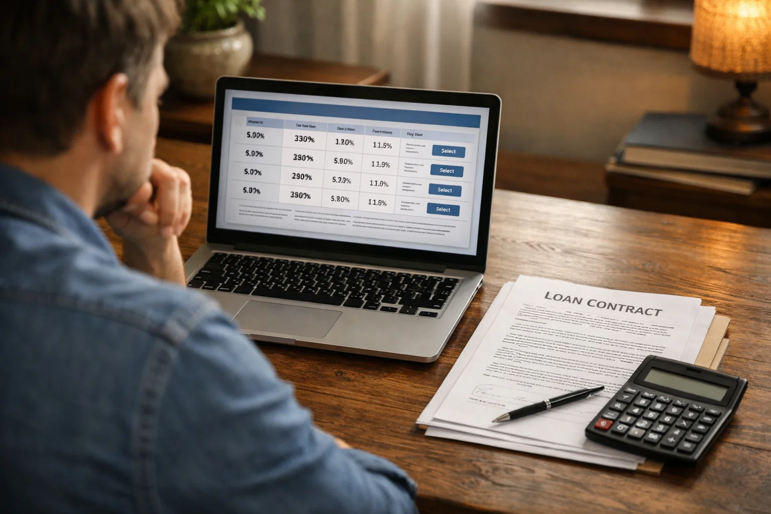 Člověk porovnává nabídky půjček na notebooku, vedle něj leží smlouva a kalkulačka