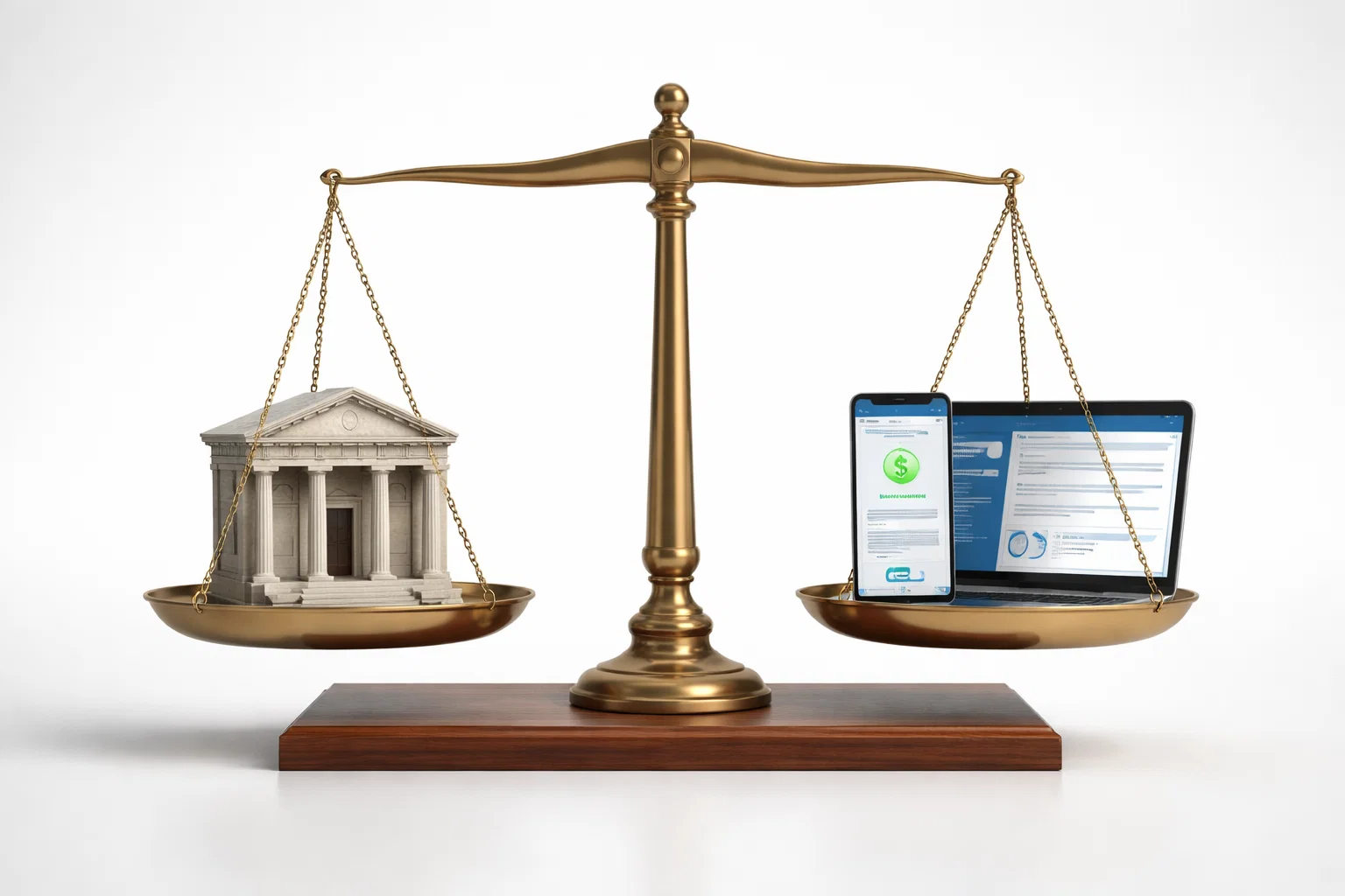 Váhy porovnávající bankovní budovu a moderní online platformu, symbolizující rozdíl mezi typy půjček