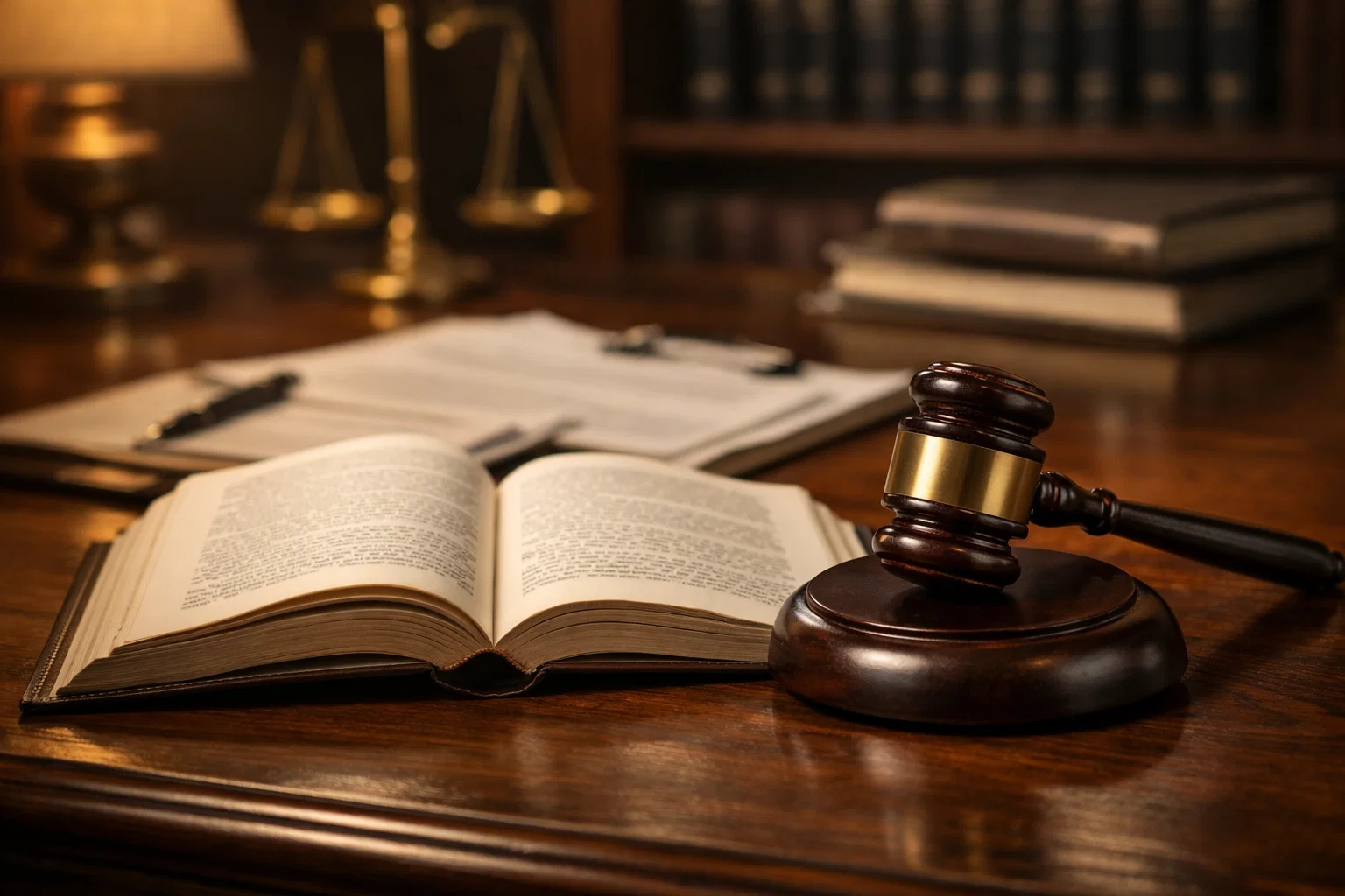 Otevřená kniha se zákony a kladívko soudce na stole, symbolizující práva dlužníka