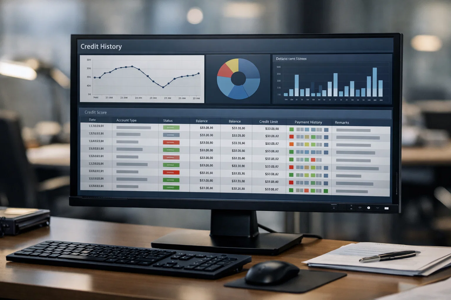 Počítačová obrazovka zobrazující databázi s osobními finančními údaji a úvěrovou historií