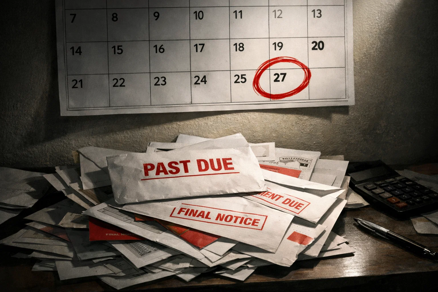 Kalendář s červeně vyznačeným datem splatnosti a hromada upomínek na stole